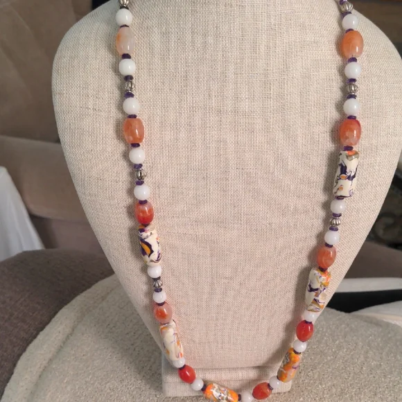 Multi Gem Long Beaded Necklace, Artisan, Unique, Amethyst, Agate, Silver, 32" - Picture 2 of 7